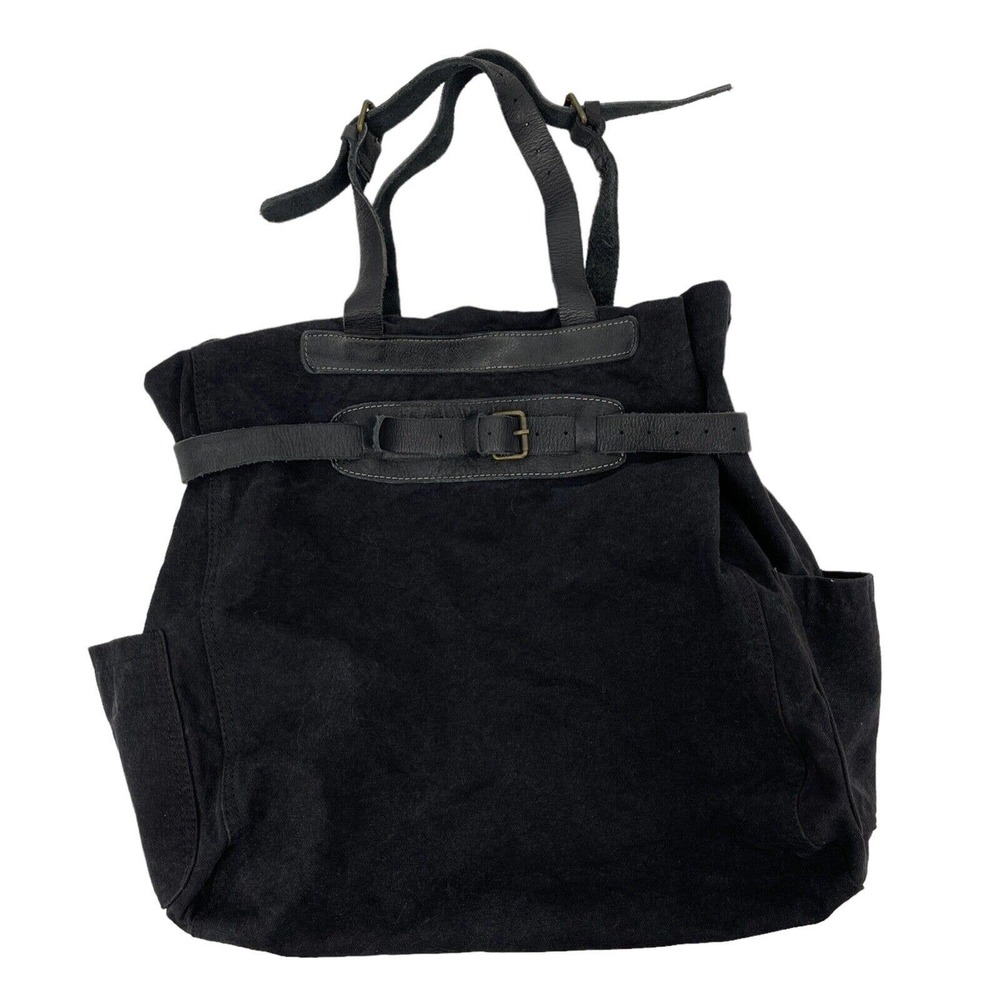 Alternative Apparel Canvas Leather Tote Bag Purse Black Pockets Buckle Oversized